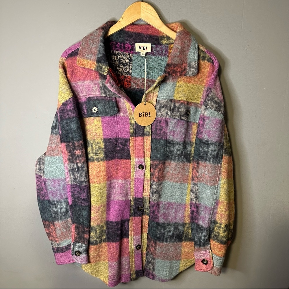 **Nwt** Bibi Oversized Button-Up Multi-Color Plai… - image 3